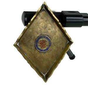 Vintage Chinese Brass Hand Carved Etched Enamel Pin Tray